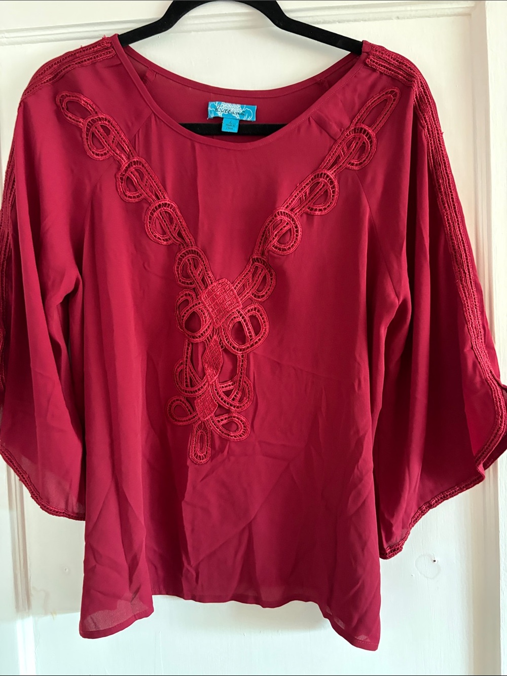 buttons Deep Wine Embroidered V-Neck Blouse